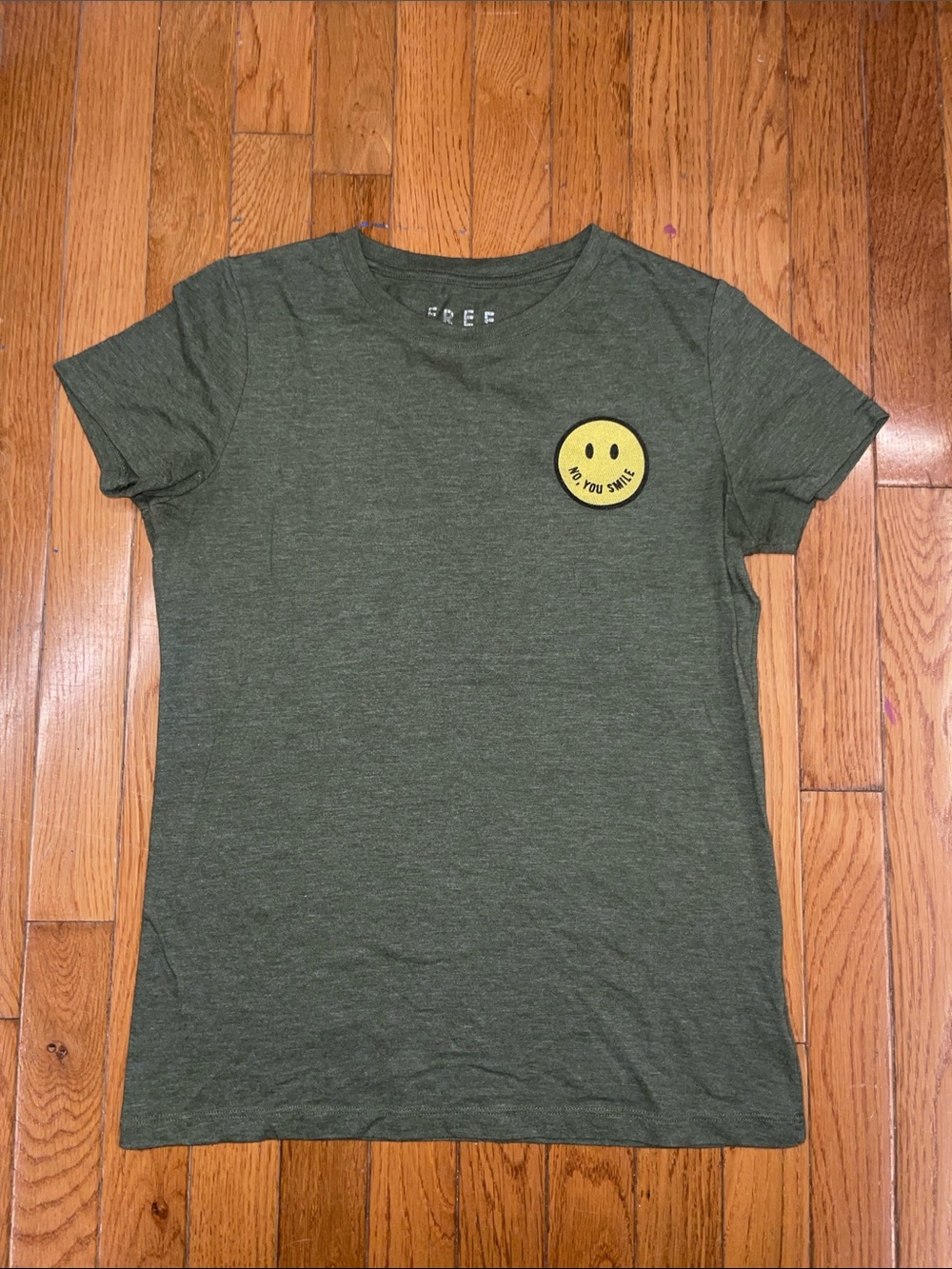 Olive Green Tee with Yellow Smiley Patch